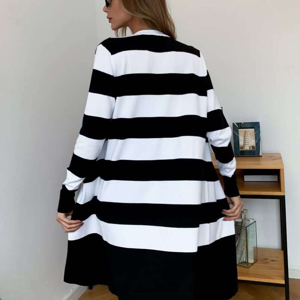black color block stripes open front long cardigan - Picture 3 of 4